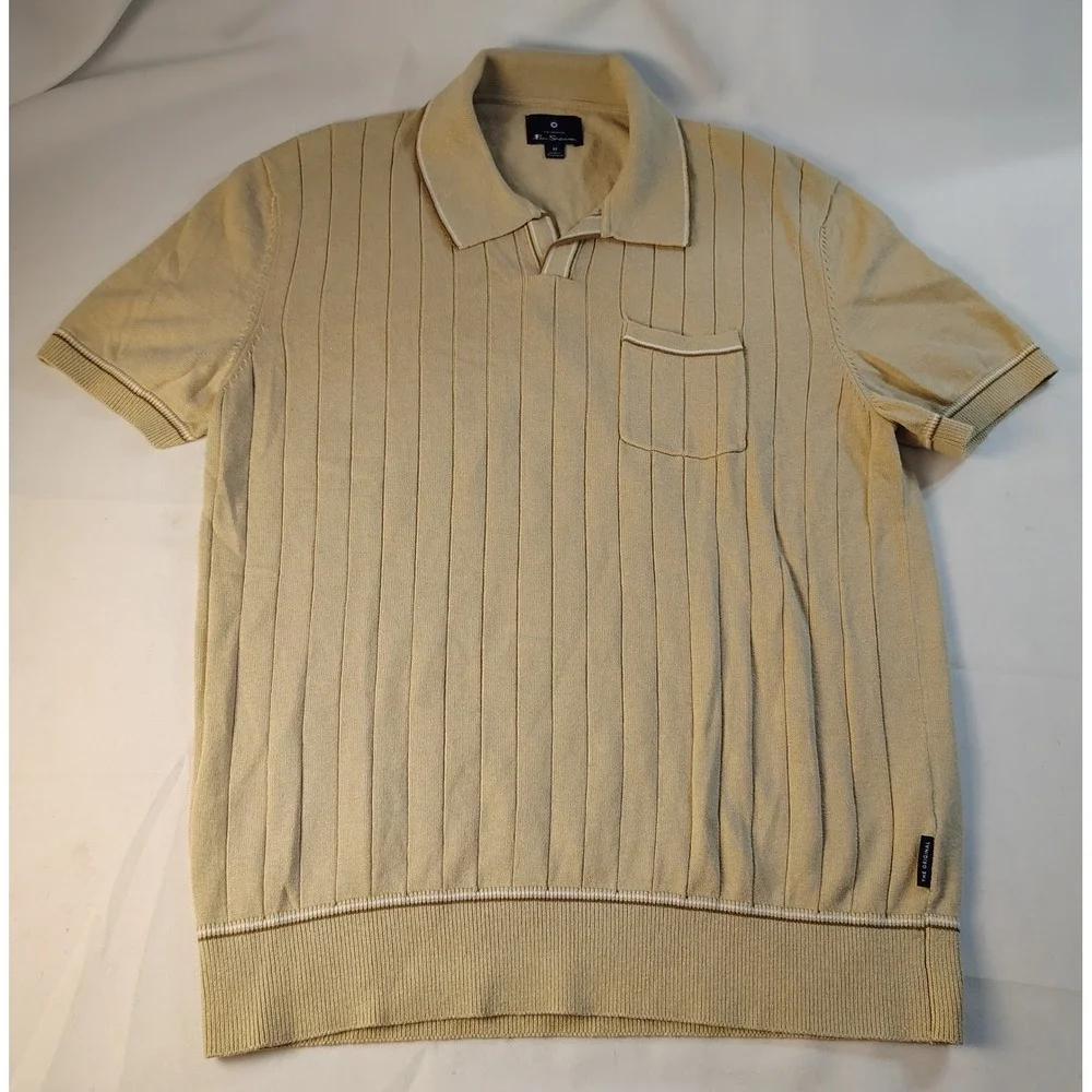 Ben Sherman Mens Tan Ribbed Knit Short Sleeve Polo Shirt V-Neck Size M Striped - Picture 1 of 9